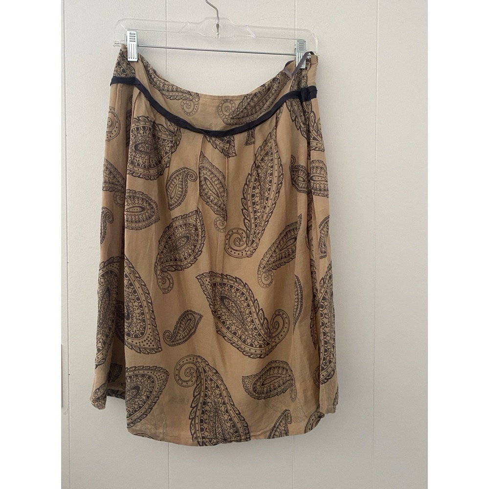 Pendleton Sz 12 Cotton Silk Blend Paisley Pleated A-Line Skirt Tan Brown Ribbon